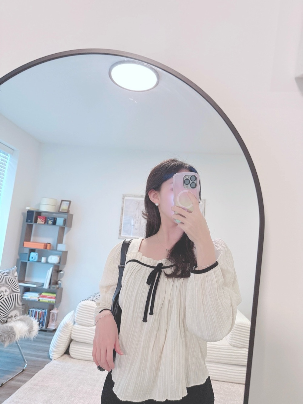 Cream Cotton Blouse with Black Ribbon Detail 🎀